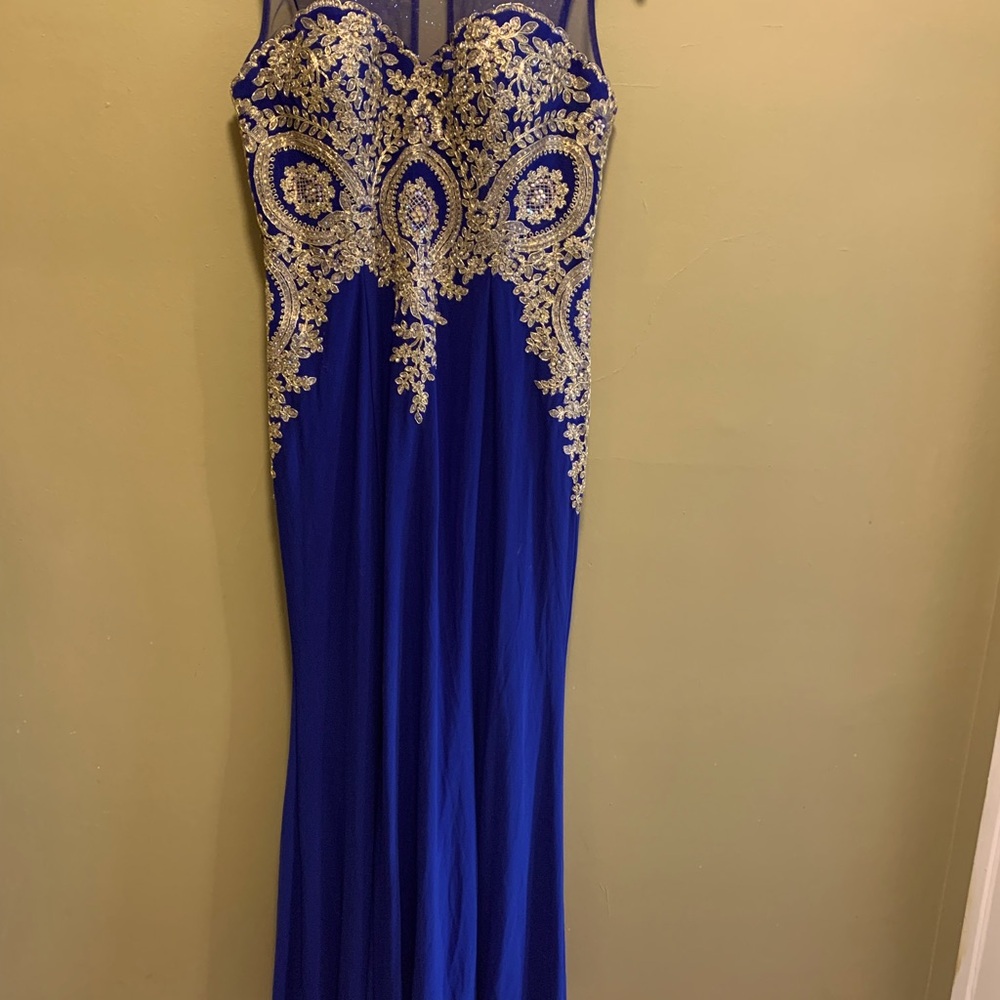 Camille Womens Blue Gold Floral Beaded Sleeveless Back Zip Maxi Dress Size 14